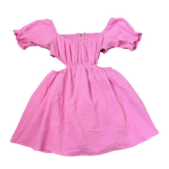 NWT Sundays Dress Gauze Cotton Small Pink Mini Open zip Back Short Puff Sleeve - Picture 4 of 16